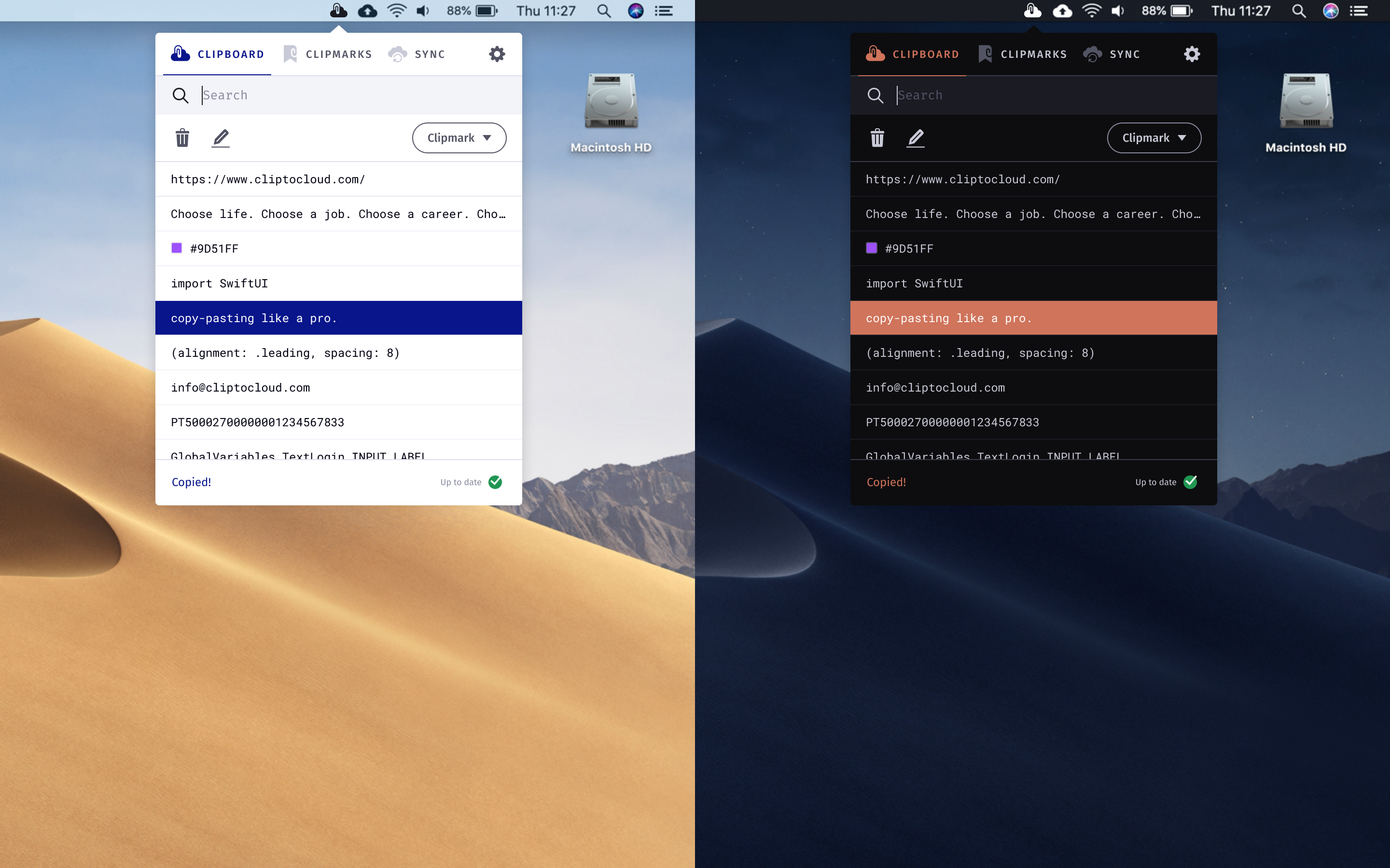 ClipToCloud macOS app in dark and light mode