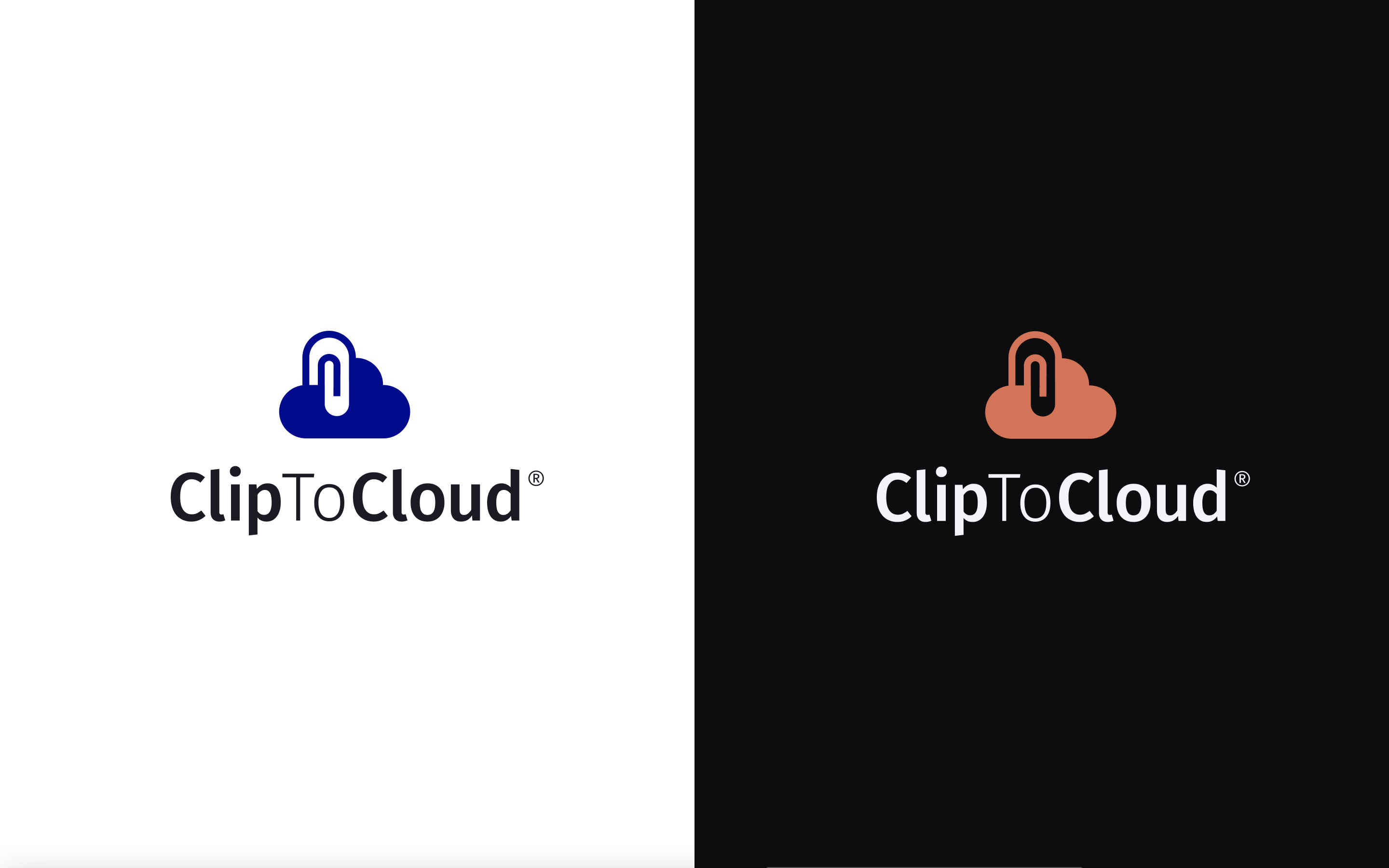 ClipToCloud wordmark — light and dark modes