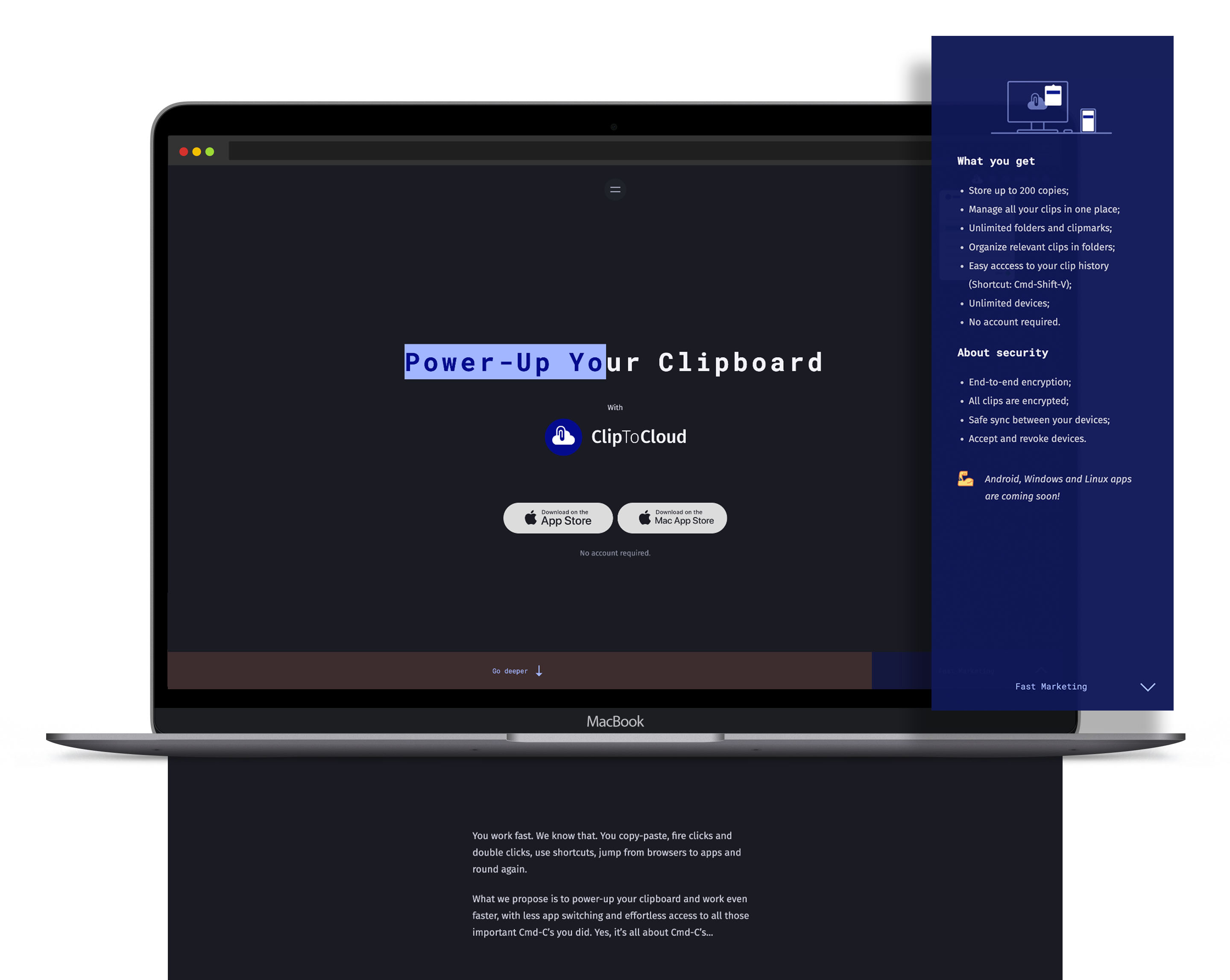ClipToCloud marketing website on MacBook