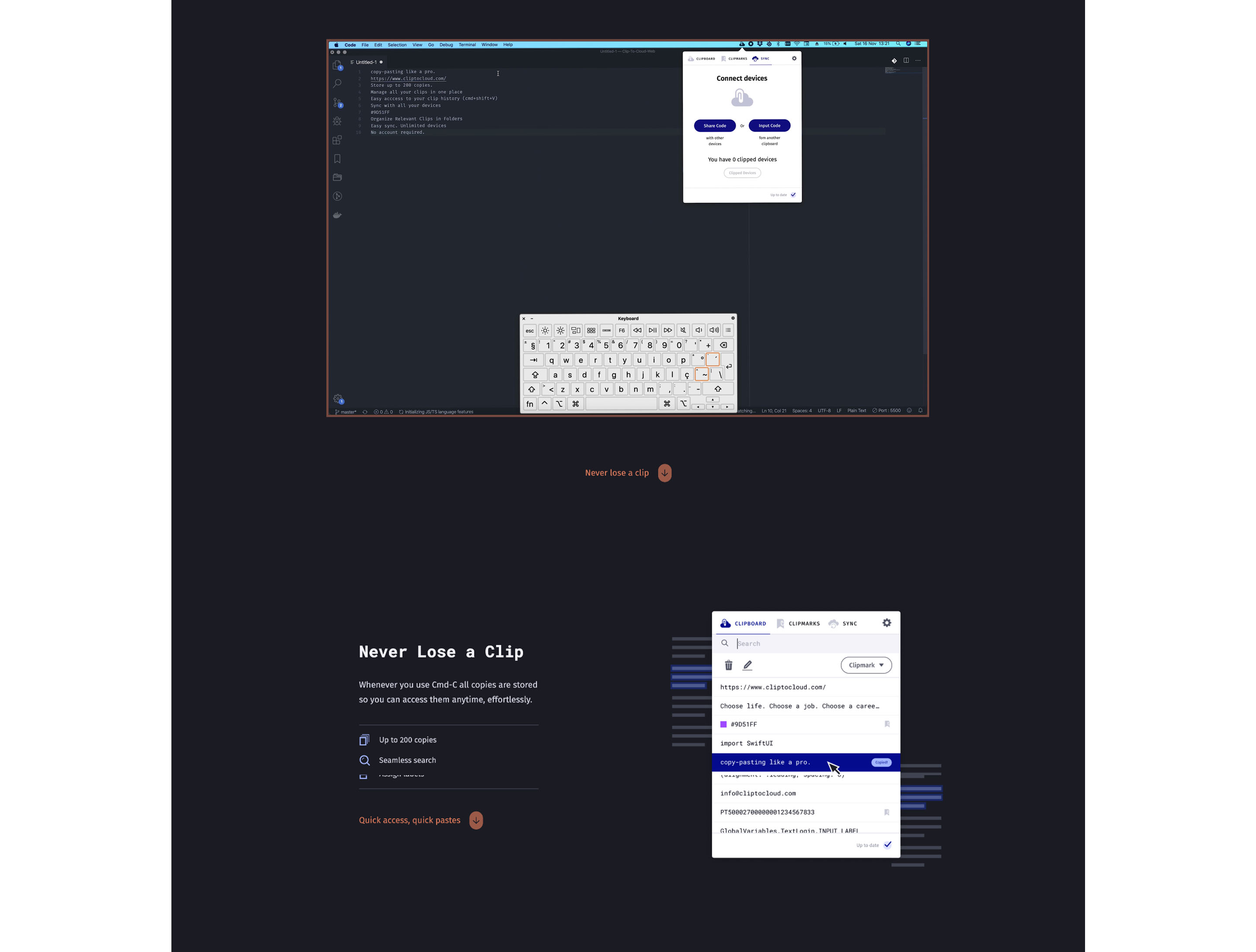 ClipToCloud website — features and sync section