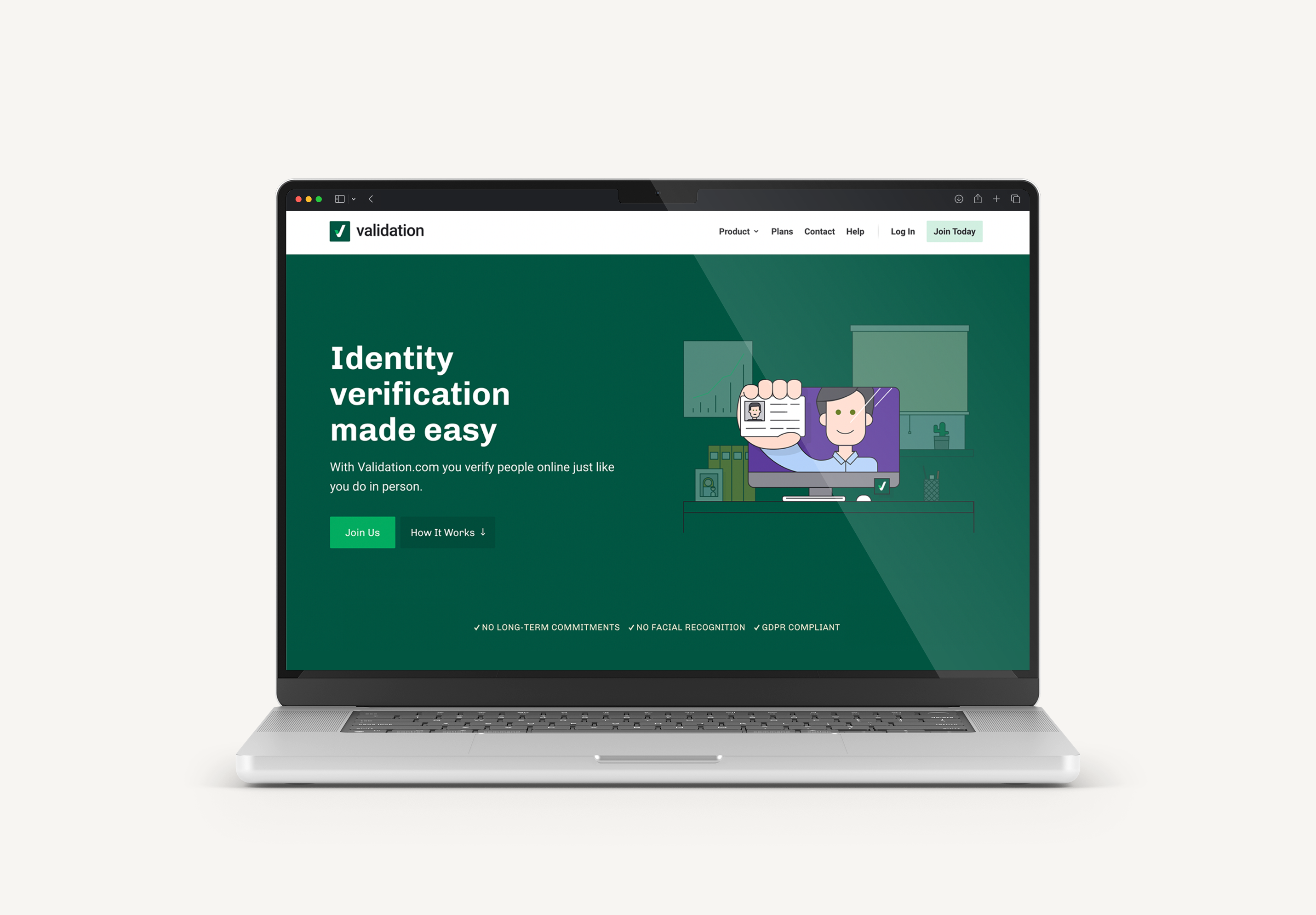 Validation.com — identity verification platform shown on a laptop