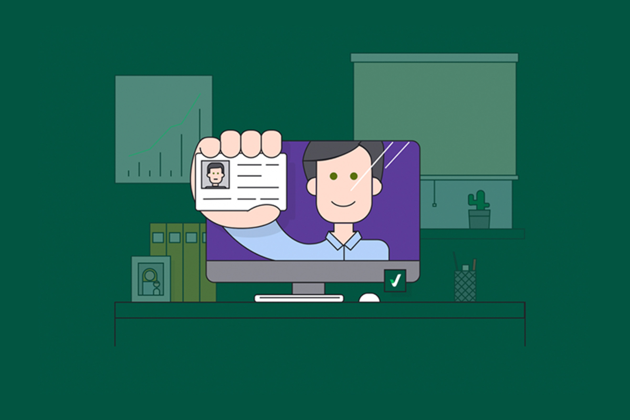 Validation hero illustration — character holding up an ID card with a warm, textured style