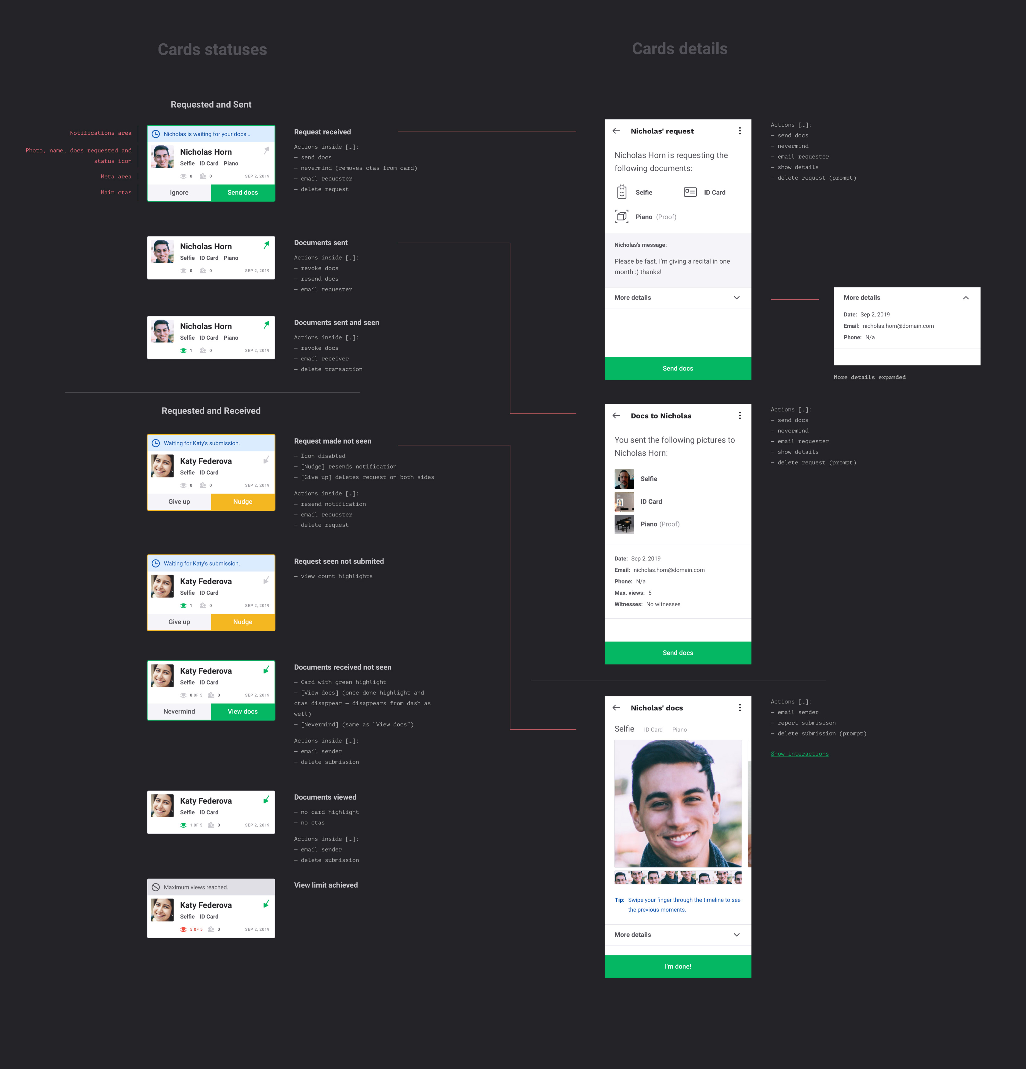 Cards UI logic — documenting all card statuses and detail views for both requested and received documents