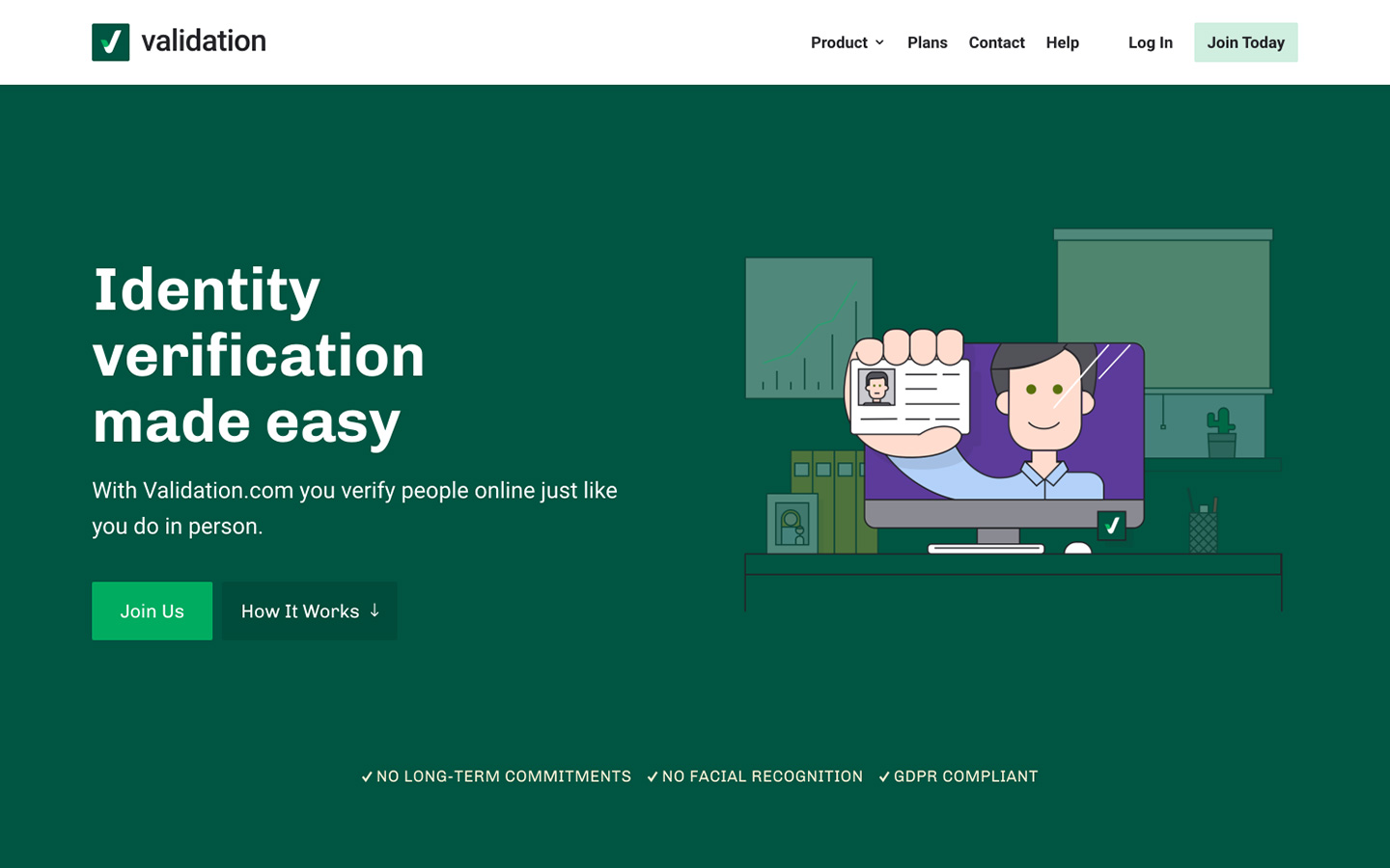 Validation.com homepage — hero section with 'Identity verification made easy' headline and custom illustration