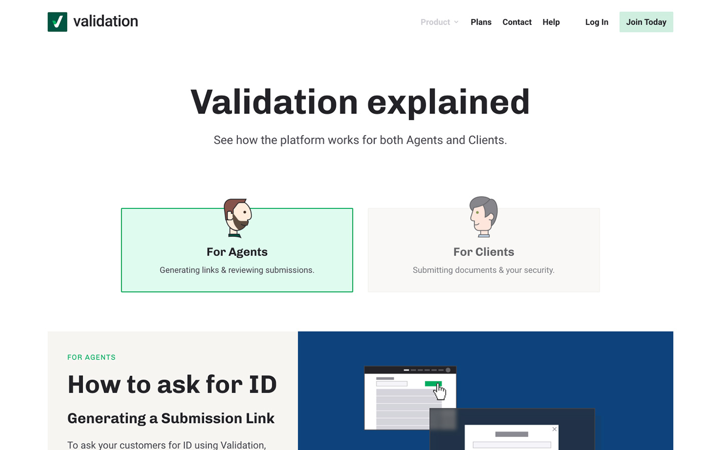 Product explained page — tabbed view for Agents and Clients with step-by-step walkthrough