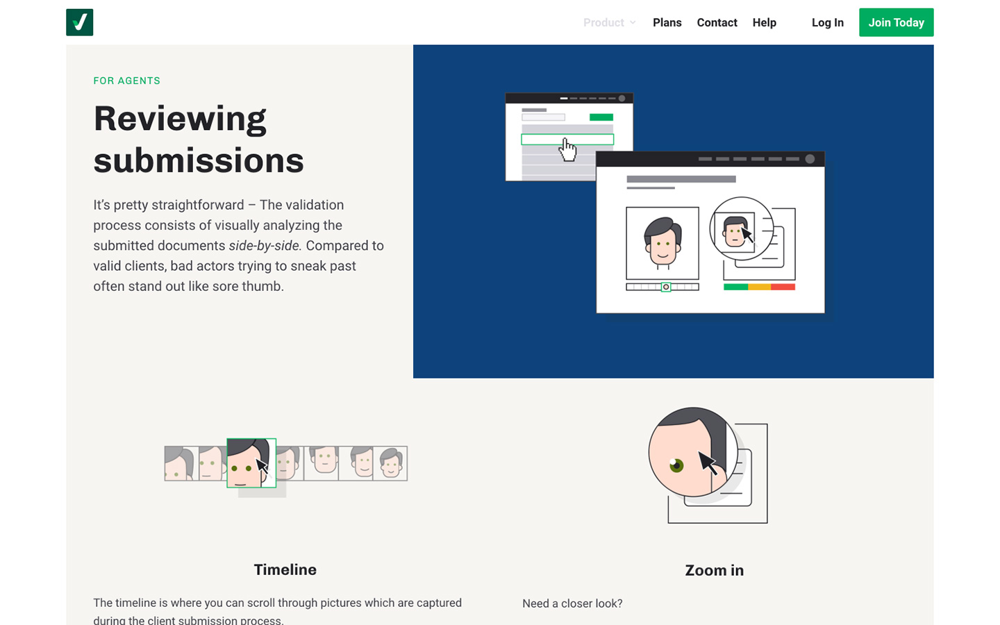 For Agents — reviewing submissions side-by-side with timeline and zoom features