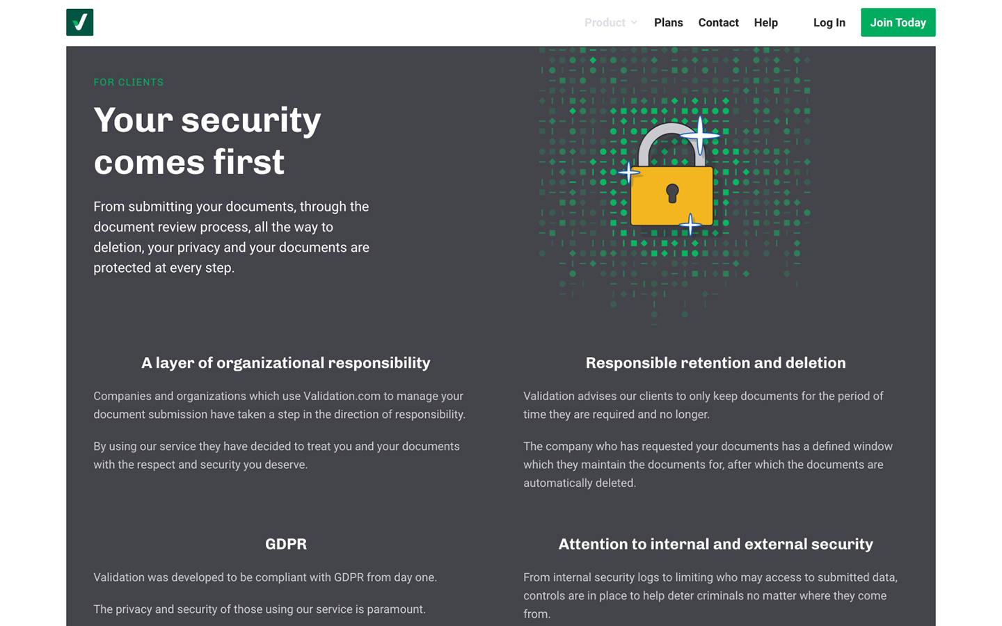 Security page — GDPR compliance, responsible retention, and organizational responsibility